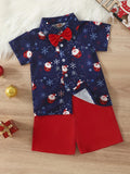 2pcs Boy's Gentleman Santa Pattern Outfit, Short Sleeve Bowtie Shirt & Shorts Set for Daily & Outdoor Wear, Christmas Gift