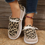 Women's Leopard Print Loafers, Colorblock Lace Up Flat Canvas Shoes, Casual Slip On Shoes