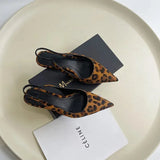 Womens Flat Bottom Slingback Sandals Leopard Pointed End Woman Mules Summer Fashion Animal Print Lowheel Beach Shoes 240615