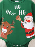 Christmas Baby Boy Romper Set Green Cute Round Neck Santa Claus Print Romper Long Sleeve Knitted Top + Elk Print Trousers Set, For Outdoor