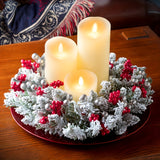 1pc Classic Christmas Wreath Candle Holder Centerpiece - Flocked Artificial Pine with Red Berries, Flameless Pillar Candles Included, Featherless Festive Tabletop Garland, Easy No-Power Holiday Decor