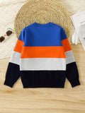 Boys' Vibrant Color Block Cartoon Tiger and Crocodile Knit Sweater - Soft Medium Stretch Cotton Blend Crew Neck Long Sleeve Pullover Top for Outdoor Play - Hand Wash Only, Fall/Winter Season, Regular Fit