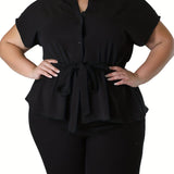 Chic Plus Size Peplum Blouse - Comfortable Casual Style with Flattering Notched Neck, Short Sleeves & Adjustable Belt for Women