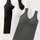 3pcs, Women's Solid Color Inner Casual Bottoming Beautiful Back Top Push-up Sleeveless Camisole With Chest Pads