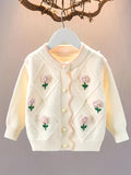 Girls Sweater Flower Cardigan, Spring And Autumn Clothes, New Little Girl Baby Outside Wear, Wool Korean Version Cute Flower Embroidery Children's Knitted Jacket