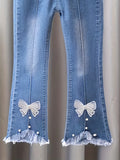 Girls Fashion 82% Cotton Elastic Waist Blue Denim Flared Jeans With White Embroidered Bow Tie & Lace Detail, Frayed Hem, Pearl Accents, Casual Street Style Trousers