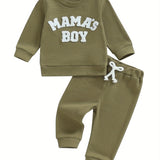 Baby Toddler Boy Fall Waffle Outfit, Letter Embroidery Long Sleeve Sweatshirt Elastic Waist Pants 2 Piece Set