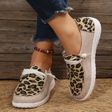 Women's Leopard Print Loafers, Colorblock Lace Up Flat Canvas Shoes, Casual Slip On Shoes