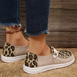 Women's Leopard Print Loafers, Colorblock Lace Up Flat Canvas Shoes, Casual Slip On Shoes