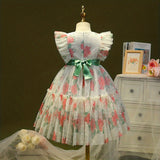 Elegant Summer  Floral Princess Dress for Girls - Durable, Knee-High with Flutter Sleeves & Belt