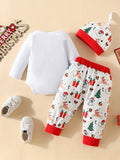 Baby's Cute Cartoon Print Christmas Party Outfits, 3pcs Long Sleeve Romper + Trousers + Hat Set, Outdoor Cloth