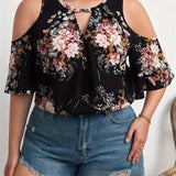 Plus Size Floral Print Blouse - Chic Keyhole Neckline, Trendy Cold Shoulder Design, Exuding Elegant Charm - Designed for Plus Size Women, Perfect for Spring and Summer Seasons, Part of Womens Plus Size Clothing Collection