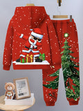 Boy's Trendy Co Ord Set: Cozy Pullover Hoodie & Casual Versatile Cuffed Sweatpants with Cartoon Christmas Santa Dabbing Dancing Graphic Print, Ideal for Daily and Outdoor Wear, Autumn and Winter Outfit