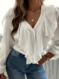 Plus Size Chic Blouse for Curvy Women - Fashionable Solid Buttons, Delicate Ruffle Trim, Flattering Lantern Sleeves & Chic V-Neckline - A Stylish Everyday Essential