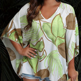 Plus Size Women's Fashionable Leaf Print Top - Flattering Batwing Sleeves & V-Neck Design - Versatile, Breezy Blouse for Daily & Casual Wear