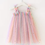 Toddler Girls Sequin Stars Moon Frill Trim Shirred Rainbow Color Mesh Princess Puffy Cami Dress For Party Beach Vacation Kids Summer Clothes