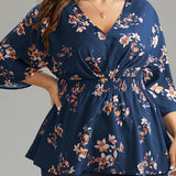 Plus Size Floral Charm - Flattering Shirred Waist Blouse with Charming Print - Stylish V Neck 3/4 Sleeve Top for Spring & Fall - Trendy Womens Plus Size Clothing