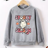 Ghostly Delight Long Sleeve Sweatshirt - Soft Cartoon Graphic Print, Comfy Round Neck, Casual Fashion for Girls - Spooky Season Essential