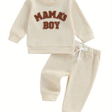 Baby Toddler Boy Fall Waffle Outfit, Letter Embroidery Long Sleeve Sweatshirt Elastic Waist Pants 2 Piece Set