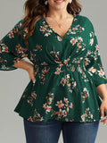 Plus Size Floral Charm - Flattering Shirred Waist Blouse with Charming Print - Stylish V Neck 3/4 Sleeve Top for Spring & Fall - Trendy Womens Plus Size Clothing