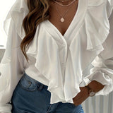 Plus Size Chic Blouse for Curvy Women - Fashionable Solid Buttons, Delicate Ruffle Trim, Flattering Lantern Sleeves & Chic V-Neckline - A Stylish Everyday Essential