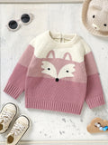 Cute Cartoon Fox Long Sleeve Baby Sweater - Soft Medium Stretch Acrylic Knit Fabric, Rib-Knit Crew Neck, Pullovers, Raglan Sleeve - Hand Washable, Perfect for Fall/Winter Season