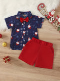 2pcs Boy's Gentleman Santa Pattern Outfit, Short Sleeve Bowtie Shirt & Shorts Set for Daily & Outdoor Wear, Christmas Gift