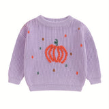 Cozy Pumpkin Pattern Toddler Sweater - Soft Chunky Knitwear, Long Sleeve, Round Neck, Warm Pullover for Boys and Girls - Perfect for Halloween, Autumn, and Winter Season