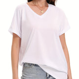 Loose Fit V-neck T-shirts For Women With Rolled Sleeves, Short Sleeves, And Split Summer Tops