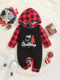 Baby's MY 1ST CHRISTMAS Print Casual Hooded Plaid Pattern Long Sleeve Romper, Toddler & Infant Boy's Bodysuit For Autumn And Winter Outdoors