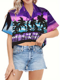 Women's Fitted Waist Casual Crop Top, Coconut Tree Print, Lapel Neck, Women's Polo Shirt