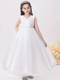 Glittering Flower Girl Dress - Elegant V-Neck Solid White Tulle Gown with Shimmering Beaded Waist - Perfect for Weddings, Pageants & Piano Performances