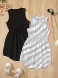 2PCS Teen Girls Fashionable Striped Sleeveless Tunic Dresses - Comfy & Breathable, Perfect for Summer Outings & Casual Wear