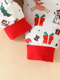 Baby's Cute Cartoon Print Christmas Party Outfits, 3pcs Long Sleeve Romper + Trousers + Hat Set, Outdoor Cloth