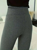 Plus Size Casual Leggings, Women's Plus Solid Liner Fleece Elastic High Rise Medium Stretch Leggings