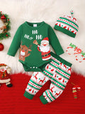 Christmas Baby Boy Romper Set Green Cute Round Neck Santa Claus Print Romper Long Sleeve Knitted Top + Elk Print Trousers Set, For Outdoor