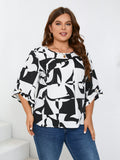 Plus Size Elegant Geometric Print Shirting Blouse - Crew Neck, Asymmetrical, Non-Stretch Polyester Fabric, Random Printing, Machine Washable - Perfect for Summer and All Seasons