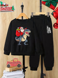 2pcs Boy's Christmas Santa & Dinosaur Print Crew Neck Outfit, Sweatshirt & Pants Set, Kid's Clothes For Fall Winter, As Gift