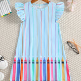 Summer Chic Girls' Crayon-Striped Dress - Knee-High Fit & Flare with Comfort Stretch, Flying Sleeves for School & Play