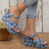 lovefery - Light Blue Casual Patchwork Fish Mouth Out Door Wedges Shoes