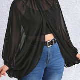 Plus Size Elegant Mock Neck Split Blouse - Flattering Chic Design with Dramatic Lantern Sleeve - Ideal for Spring & Fall, Comfortable Fit for Curvy Women