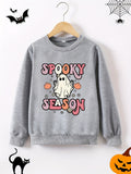 Ghostly Delight Long Sleeve Sweatshirt - Soft Cartoon Graphic Print, Comfy Round Neck, Casual Fashion for Girls - Spooky Season Essential