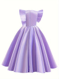 Exquisitely Handcrafted Lavender Dream Flower Girl Dress - Luxurious Satin Formal Gown with Fluttery Angelic Sleeves and Delicate Floral Embellishments for Special Occasions