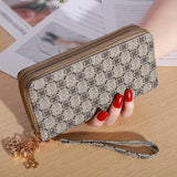 Retro Double Zipper Long Wallet With Wristlet, Heart Print Clutch Bag, Faux Leather Mobile Phone Purse