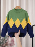 Vibrant Kid's Argyle Jacquard Sweater - Soft Preppy Cable Knit Long Sleeve Top with Colorful Clash Pattern - Perfect Boy's Fall Winter Clothing for Casual Daily Wear or Gift Idea