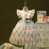 Elegant Summer  Floral Princess Dress for Girls - Durable, Knee-High with Flutter Sleeves & Belt