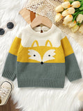 Cute Cartoon Fox Long Sleeve Baby Sweater - Soft Medium Stretch Acrylic Knit Fabric, Rib-Knit Crew Neck, Pullovers, Raglan Sleeve - Hand Washable, Perfect for Fall/Winter Season