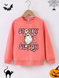 Ghostly Delight Long Sleeve Sweatshirt - Soft Cartoon Graphic Print, Comfy Round Neck, Casual Fashion for Girls - Spooky Season Essential