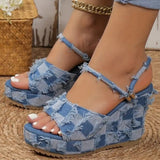 lovefery - Light Blue Casual Patchwork Fish Mouth Out Door Wedges Shoes