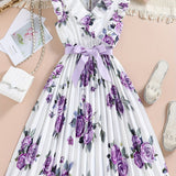 Chic Summer Floral Fit & Flare Girls' Dress with Belt – Easy-Care Polyester, Perfect for Playdates & Outings